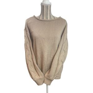 LC Lauren Conrad M Beige Crew Neck Sweater cable design chunky sleeves